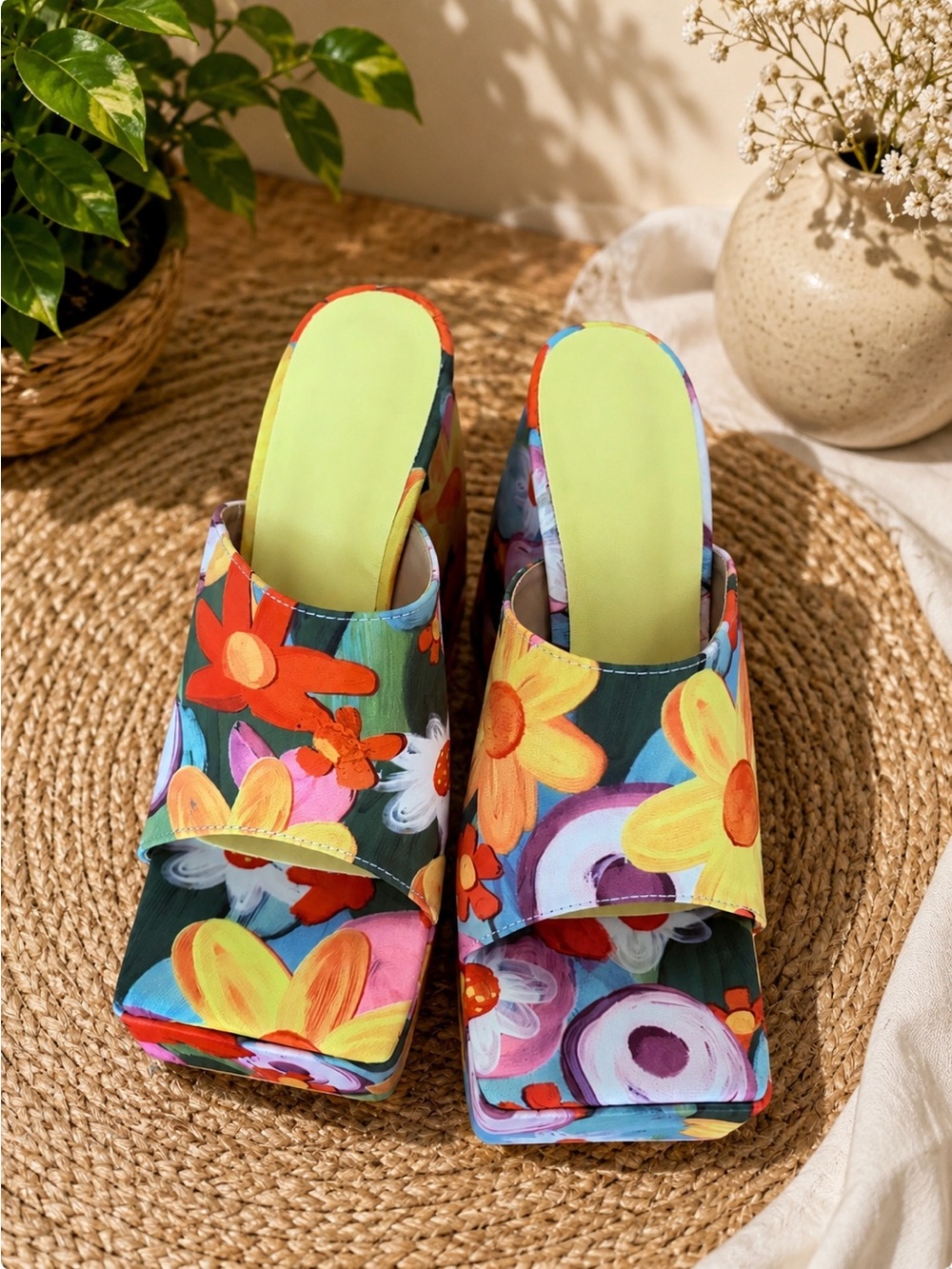 Floral Platform Mule Heels - Yellow & Multicolor
